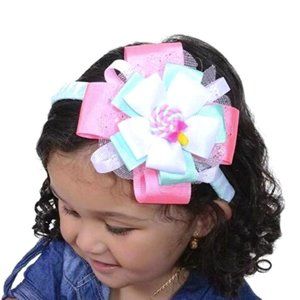 Girl's Headband Flower Design Light Blue Pink & White with Candy Charm